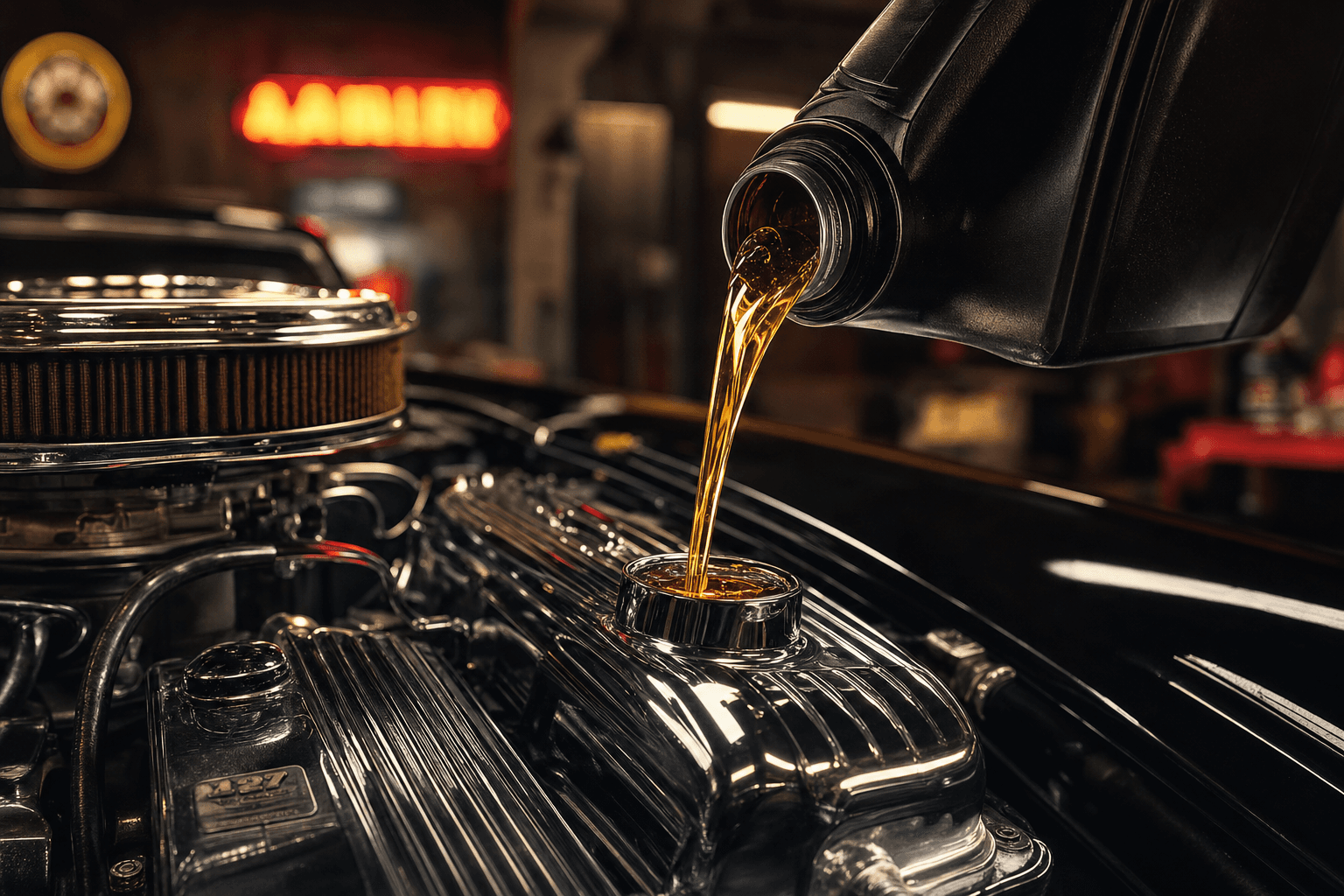 Fresh amber motor oil being poured — Fast Lube and Oil full synthetic special.