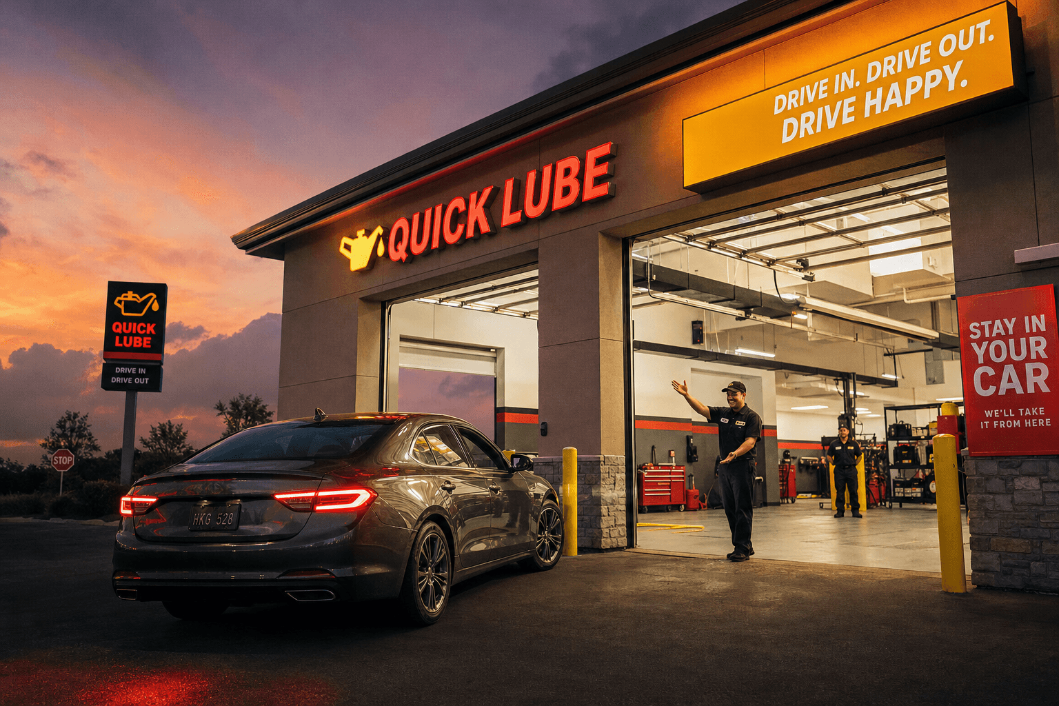 A car pulling into a Fast Lube and Oil service bay at dusk.